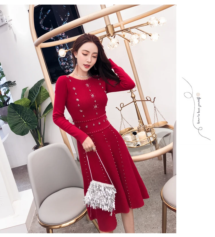 Luxury Goddess Spring Knitted Ball Gown Dress Fashion Women Red Beading Sweater Dress High Quality Elastic Dresses L2825