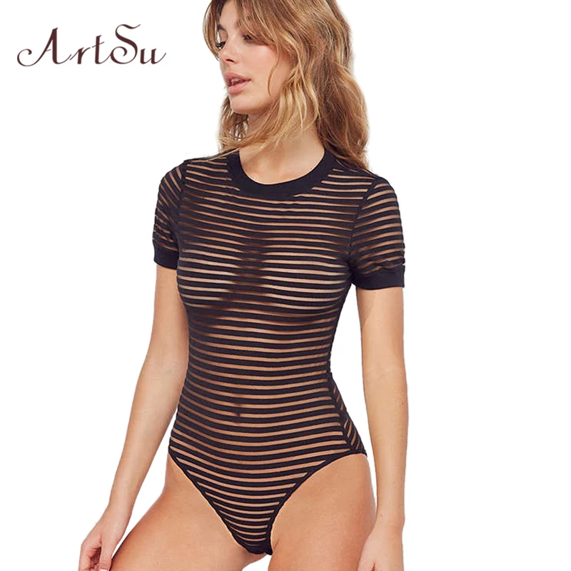 ArtSu Women Bodysuit Sexy Black Striped Bodycon Hollow Out Street O-neck Female Catsuit Body Romper New Bodysuits ASJU41117 ArtSu Women Bodysuit Sexy Black Striped Bodycon Hollow Out Street O-neck Female Catsuit Body Romper New Bodysuits ASJU41117