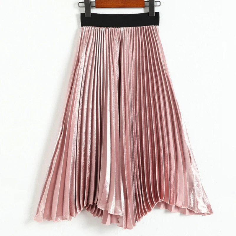 Qiuxuan, летняя женская плиссированная юбка с металлическим сатиновым подолом, асимметричная эластичная юбка с высокой талией, модные женские длинные юбки