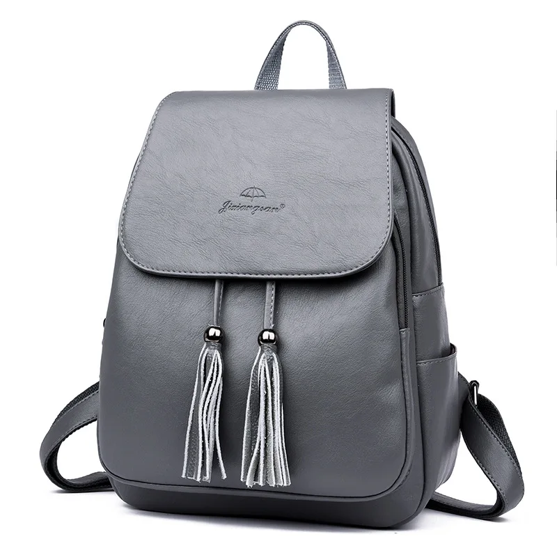 Новинка, высококачественный Женский кожаный рюкзак, женские школьные сумки из мягкой искусственной кожи с кисточками, Большой Вместительный рюкзак для женщин - Цвет: Серый