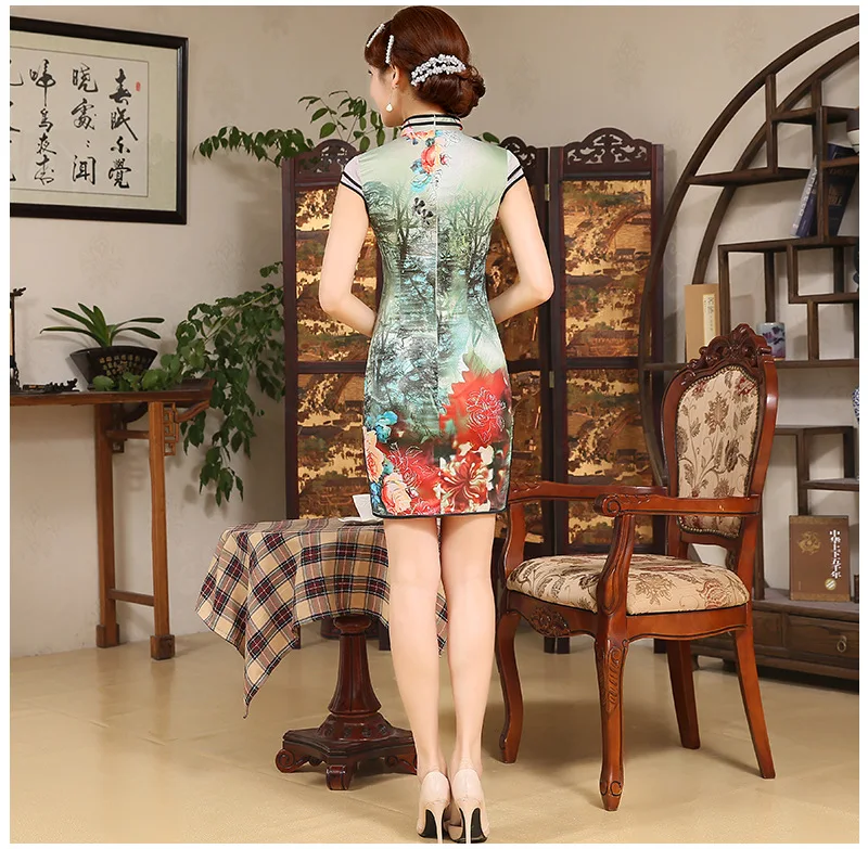 Атлас Для женщин китайское традиционное платье Летний стиль Винтаж Cheongsam Qipao Элегантные Короткие Вечернее платье с принтом женские Костюмы