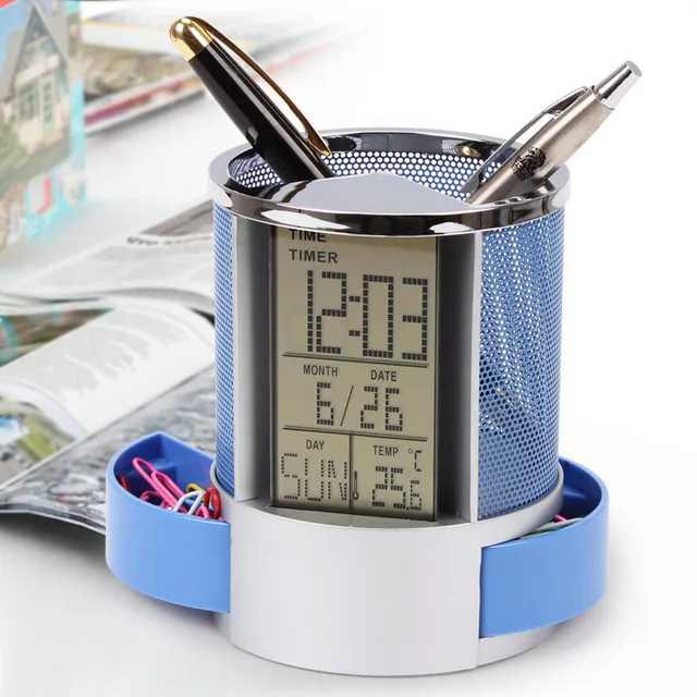 

Mesh Pen Pencil Holder With Digital Lcd Office Desk Clock With Time Temp Calendar Function Blue