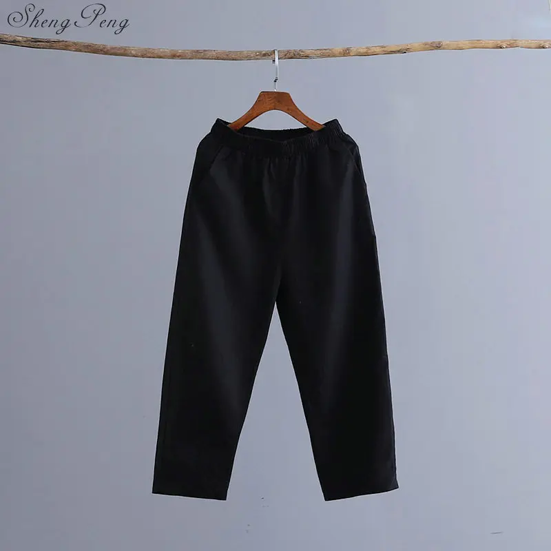 Элегантные женские штаны-шаровары размера плюс из хлопка и льна с эластичной резинкой на талии, повседневные брюки с карманами Q755