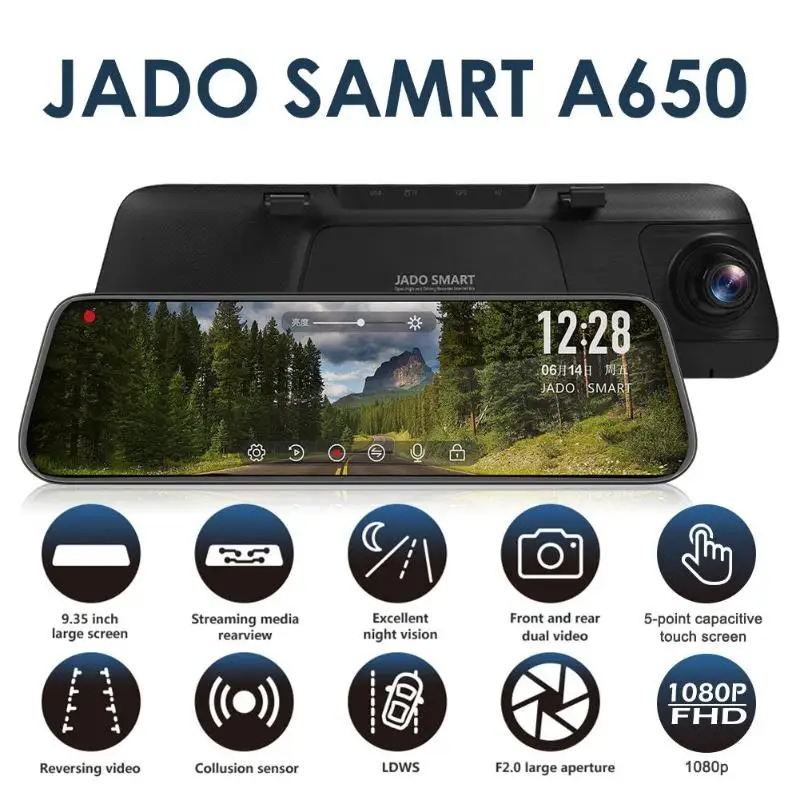 

JADO A650 FHD 1080p Car DVR Camera 9.35 inch Rearview Mirror Dash Cam ADAS