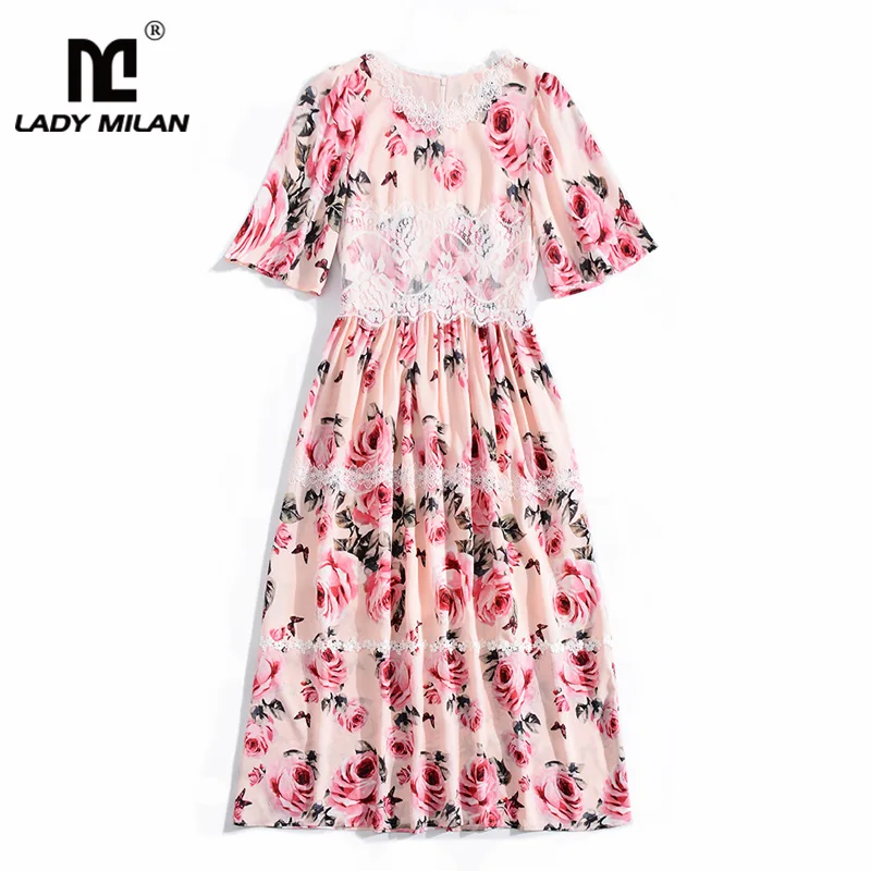 

Lady Milan 2019 Women's Runway Dresses O Neck Half Sleeves Floral Printed Lace Patchwork Tiered Fashion Casual Dresses