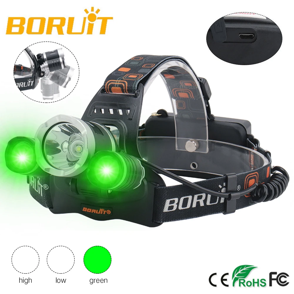 Налобный фонарь BORUIT светодиодный 6 лм 1 + 2 * XPE зеленый 3 режима USB зарядное
