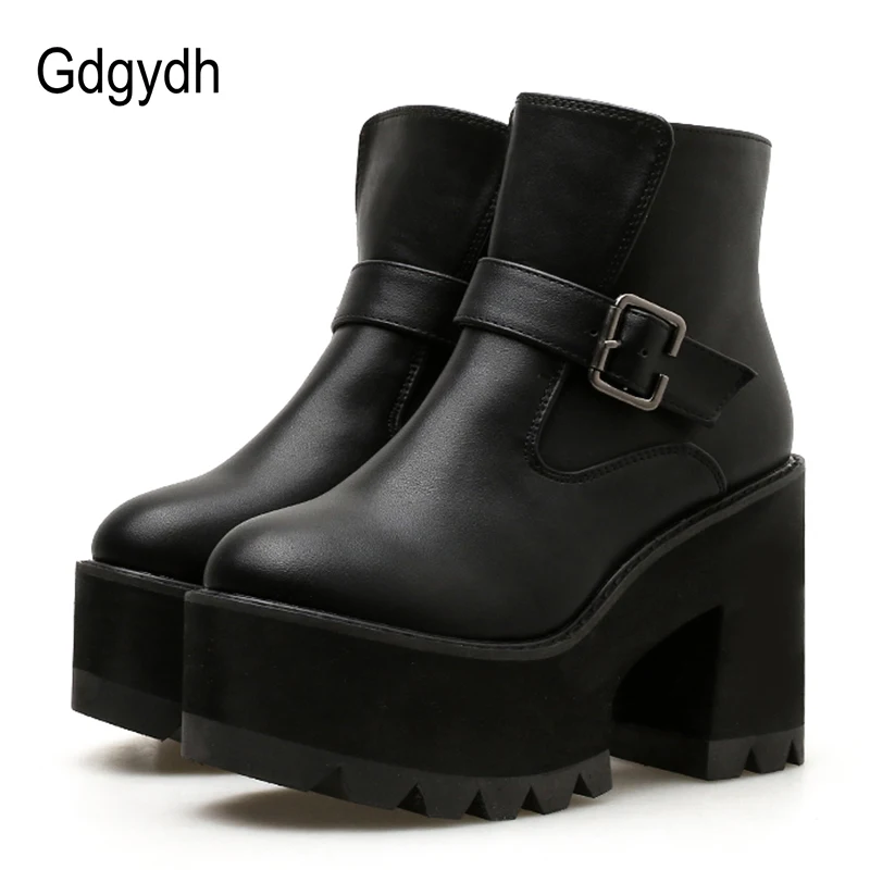 

Gdgydh 2018 New Arrival Woman Ankle Boots Autumn Platform Heels PU Leather Black Ladies Short Boots Shoes Buckle Promotion Sale