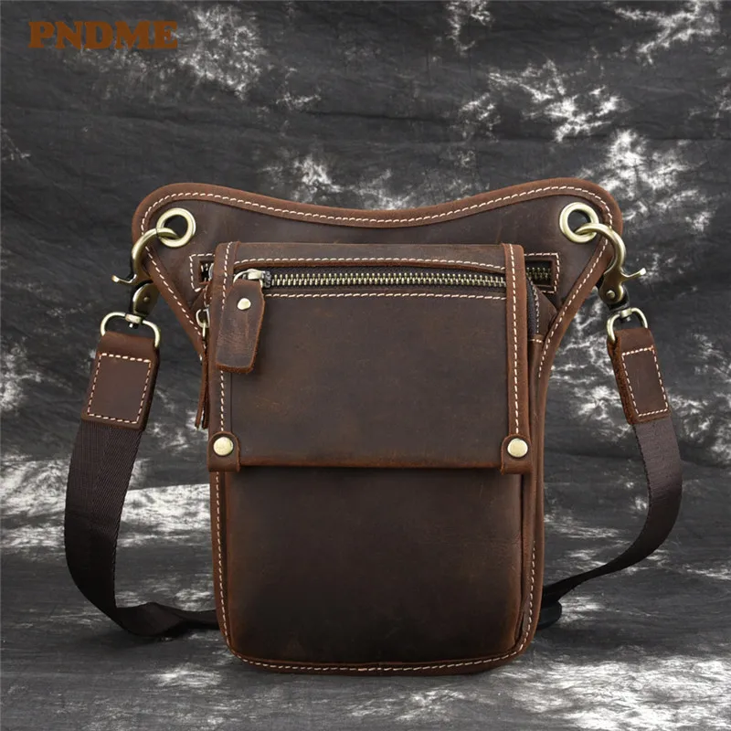 

PNDME crazy horse cowhide men's waist packs vintage casual simple handmade genuine leather belt bag hip pack sport phone bags