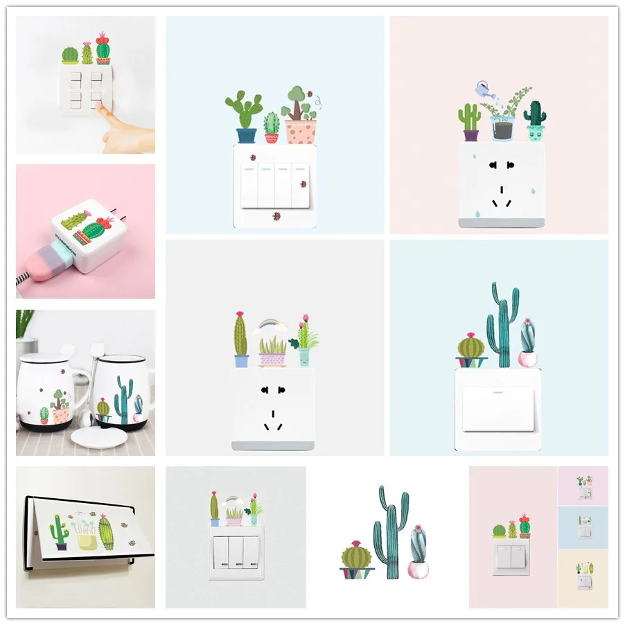 % new Vinyl Prickly pear Potted plant rainbow butterfly grass mushroom flower bee animal switch wall stickers Art poster | Дом и сад