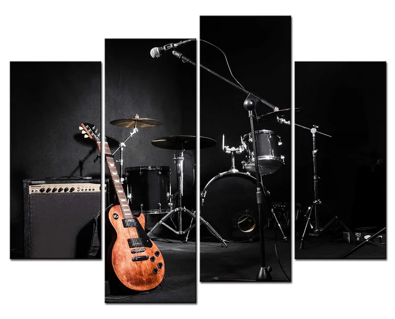 4 Panel Wall Art Painting The Music Of Band Guitar And Shelf Drum Picture On Canvas For Living Room Decor Or As A Gift | Дом и сад