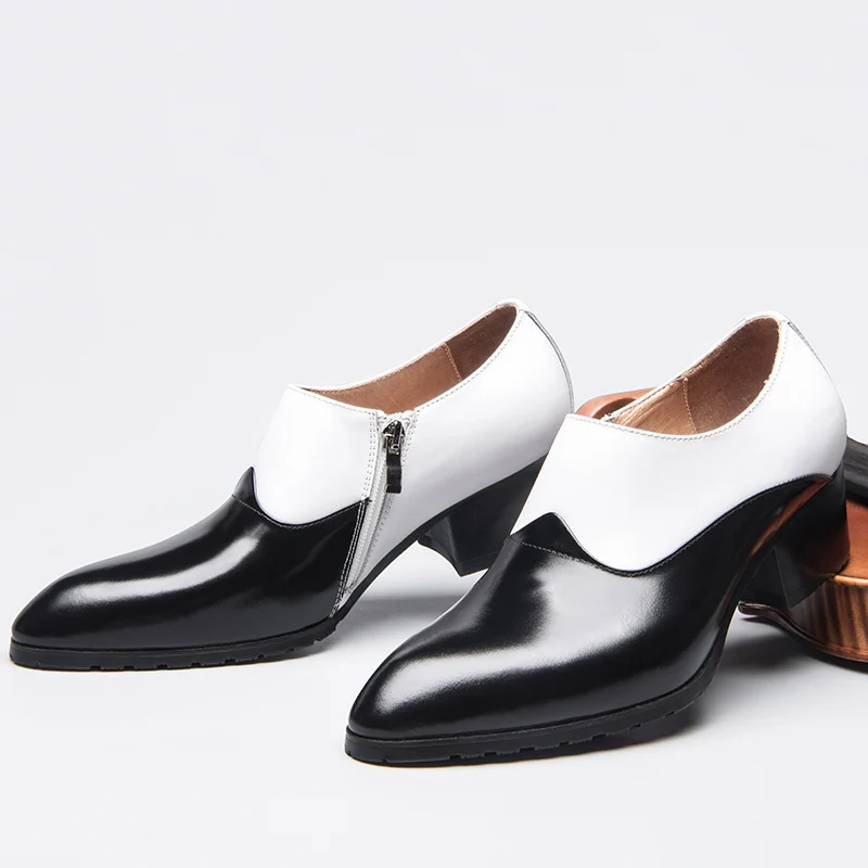 NEW ! Size 37-44 Classical Black And White Mixed Colors Men Hight Heel Shoes Trendy Pointed Toe Zip Oxfordes Business Man Heels