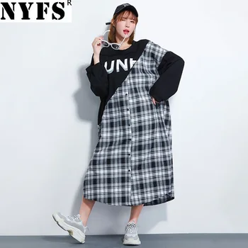 

NYFS 2020 New Style Autumn Women dress Vintage Loose Black and white grid stitching Long Dress Vestidos Robe Elbise