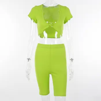 

Sexy Women Running Tracksuits Set Lady Solid Short Sleeve Crop Tops Elastic Waist Short Pants Suit New
