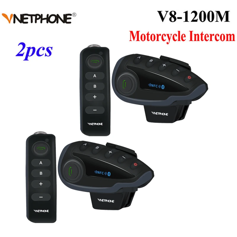 2 шт Vnetphone V8 мотоциклетная Bluetooth гарнитура для внутренней связи, шлема, Интерком NFC пульт дистанционного управления 5 Rider 1200 м полный дуплексный разговор с fm-радио