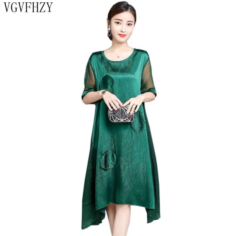

M-3XL Plus Size 2019 New Spring Summer Silk Dress Chinese Style Dress High Quality Loose Solid color Party Women's Dresses