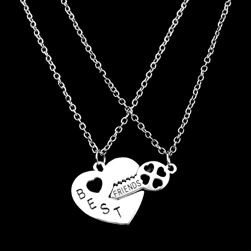 

Fashion Sliver Plated Jewelry Double Chain Best Friend Necklace Broken Heart Key Pendants & Necklaces for Women Men