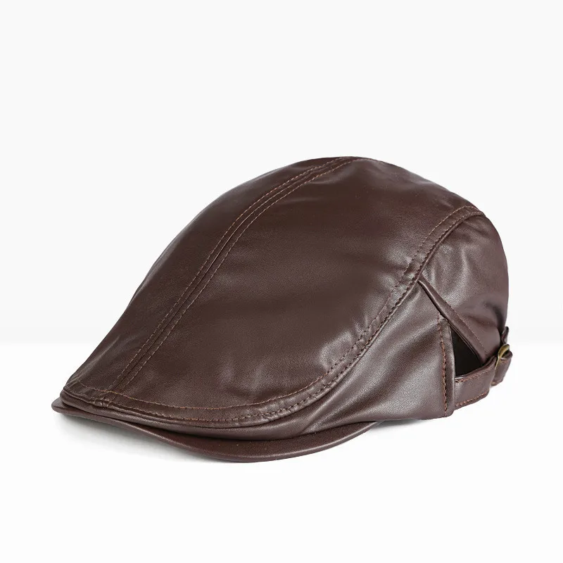 Зимняя кепка из искусственной кожи, s кожаный ветрозащитный мужской берет, кепка для мужчин старшего возраста, шапка на осень зиму, черные, коричневые защитные теплые шапки - Цвет: brown
