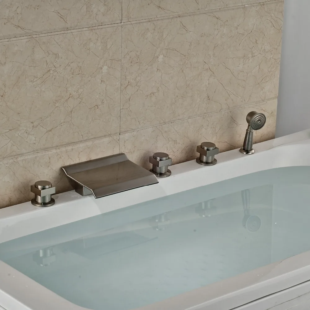 

Deck Mounted Waterfall Spout Brushed Nickle Tub Faucet 5pcs Three Levers With Hand Shower