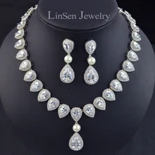 Дизайн Роскошный микро проложить кубический цирконий для невесты Ювелирные наборы, высокое качество серьги капля воды комплект из сережек и ожерелья для невесты