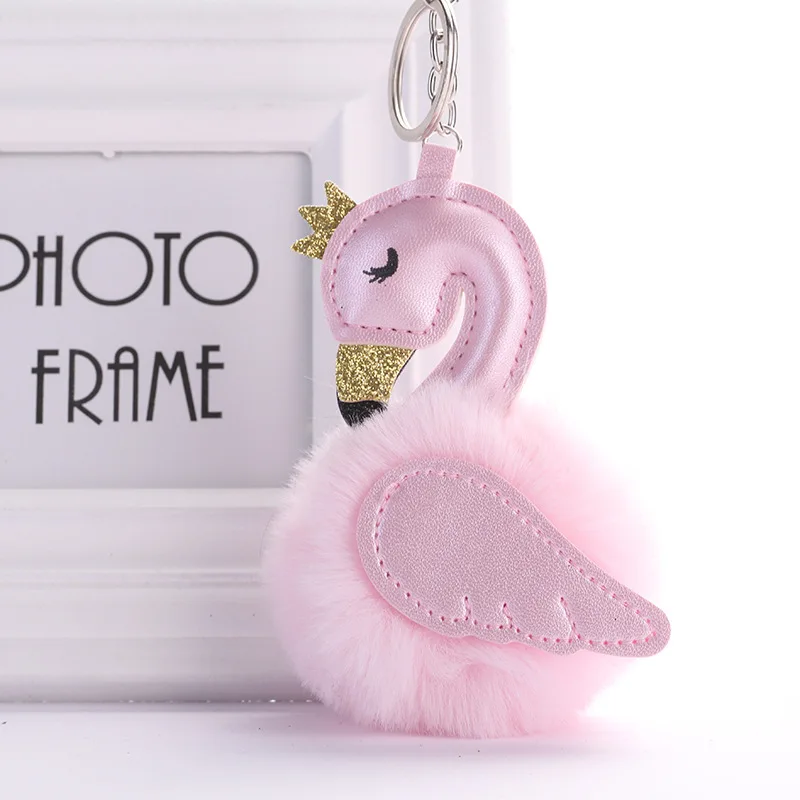 

Cute PU Leather Swan Plush Key Chain Fashion Ladies Bag Pendant Imitation Rabbit Hair Ball Car Ornaments Fur Keychain Key Ring