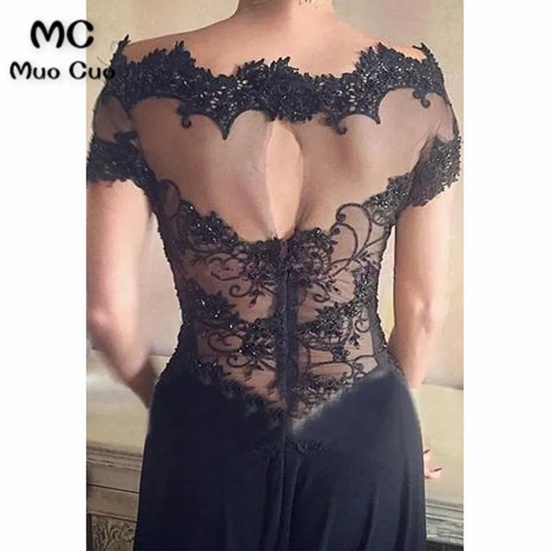 Long Black Off Shoulder Short Sleeves Split Prom Dress with Lace Beading3