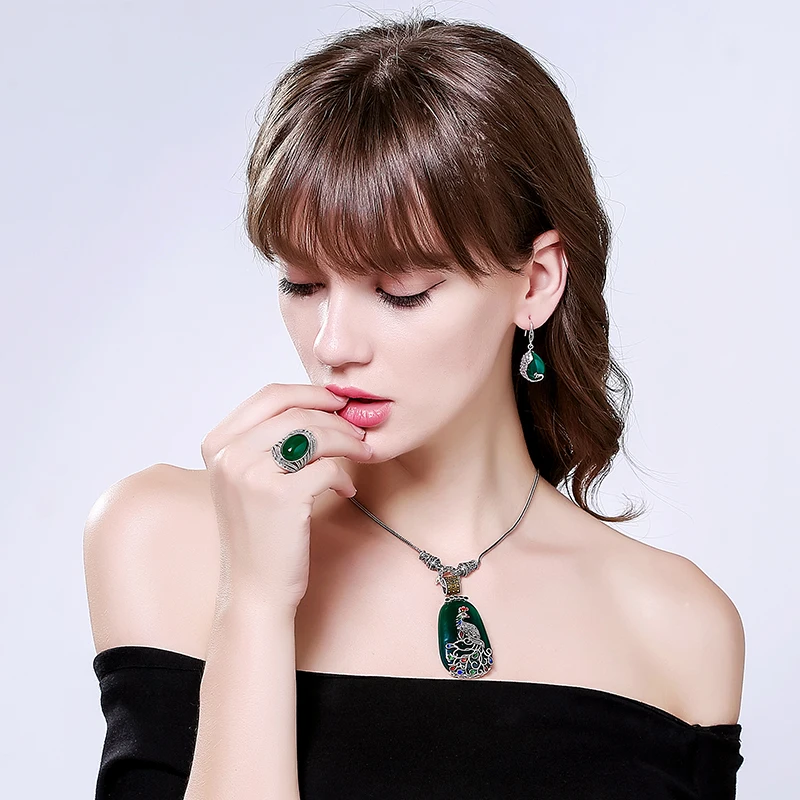 EDI Vintage Green/Black/Yellow Agate Gems Necklace Pendant For Women 925 Sterling Silver Cord Peacock Figure Cloisonne Jewelry