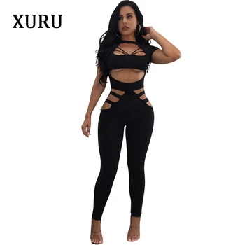 

XURU Night Club Sexy Jumpsuits Women Short Sleeve Hollow Out Skinny Long Pants Jumpsuit Overalls Solid Sexy Bodycon Jumpsuits