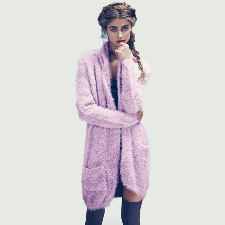 Purple Knitted Cardigan Sweater Women Long Fuzzy Cape