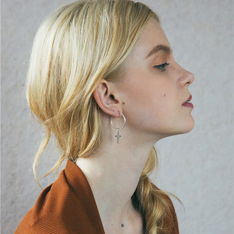 

Genuine 100% 925 Hot Sterling Silver Classic Symbol Of Faith Cross Hoop Earrings Fine Jewelry Gift E028