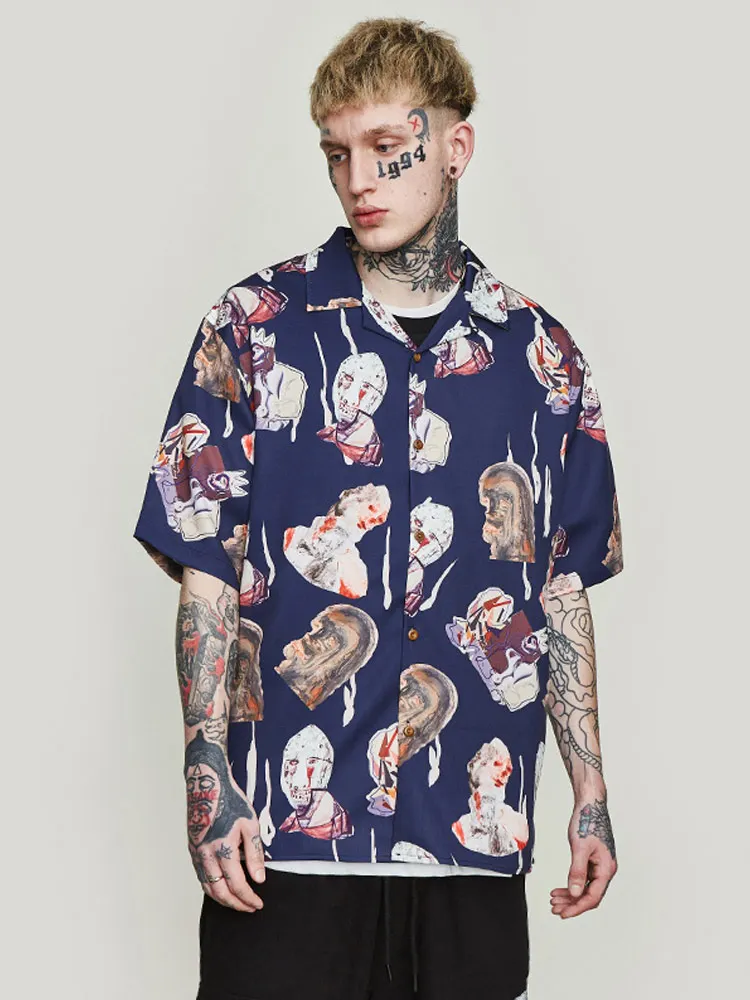 

Vintage flower shirt abstract portrait full version digital print loose men's shirt tide