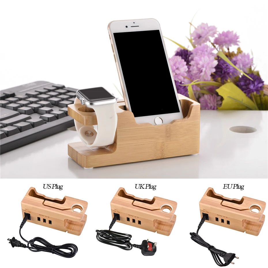 Bamboo Wood Charger Station For Apple Watch Charging Dock Station Desk
