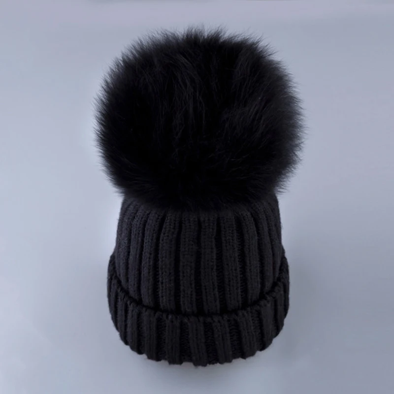 

Women Real Fox fur hats fluffy pompon Bobble skullies Knitted beanies Warm stocking hat autumn winter cap with pumpon female
