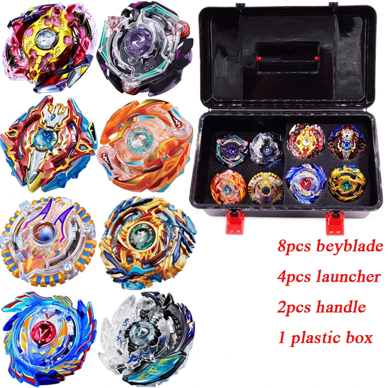

New Beyblade Set(8 Gyros+4 Launchers+2 Handles+1 Plastic Box+1 Spinner) Metal Funsion 4D Spinning Top Blades Toys For Children