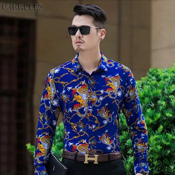 

Fashion Chinese Dragon Printed Blue Dress Shirt Men 2018 Brand New Slim Fit Chemise Homme Casual Long Sleeve Social Shirt Male
