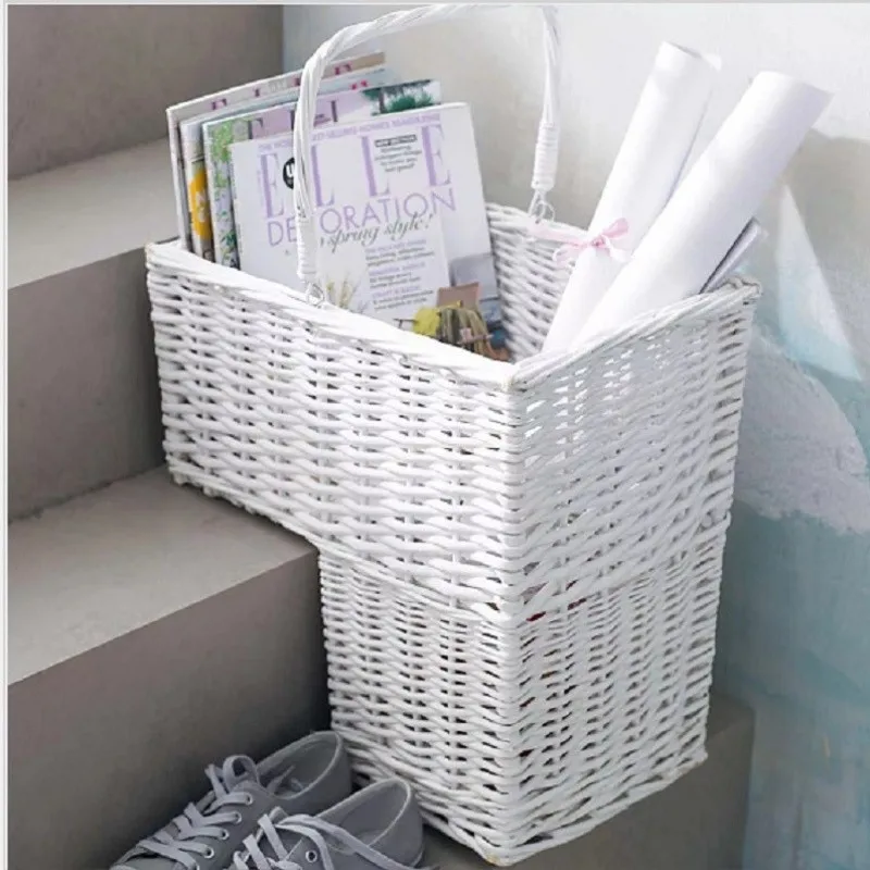 40x20x42cm White Woven Wicker Stair Step Basket Organizer Stylish Cosmetic Box with Handle Container Storage Clothes Laundry