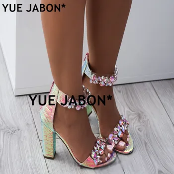 

Women Heeled Sandals Big Rhinestone Ankle Strap Pumps Square Heels Lady Shoes Elegant Party Shoes Women High Heels plus size 43
