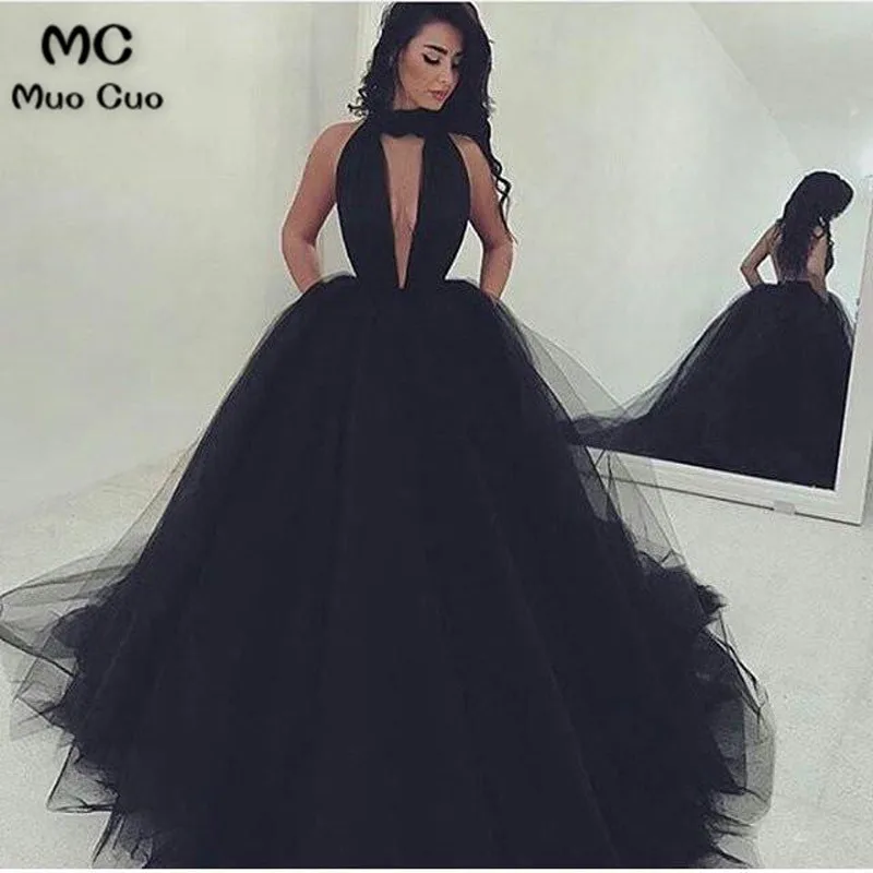 SEXY PROM DRESS, A-LINE V-NECK LONG BLACK TULLE PROM DRESS EVENING DRESS4_