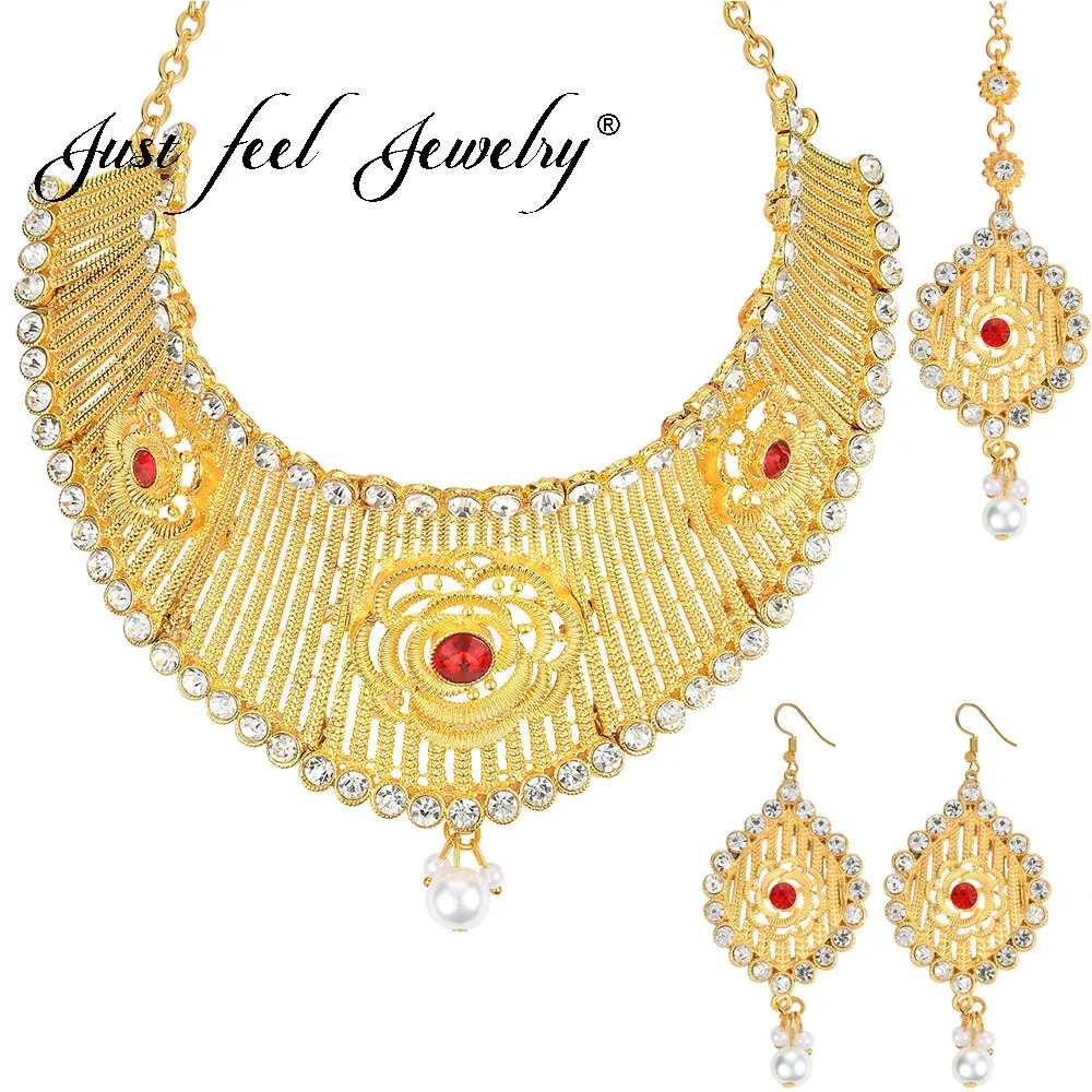 

JUST FEEL African Luxury Gold Color Jewelry Sets Imitation Pearls Crystal Flower Necklace Earrings Headdress Wedding For Women