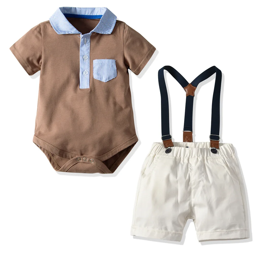 

Infant Clothing for Newborn Baby Boy Clothes Blue Coffee Color Stitching Short-sleeved Romper Beige Shorts with Belt Summer Set