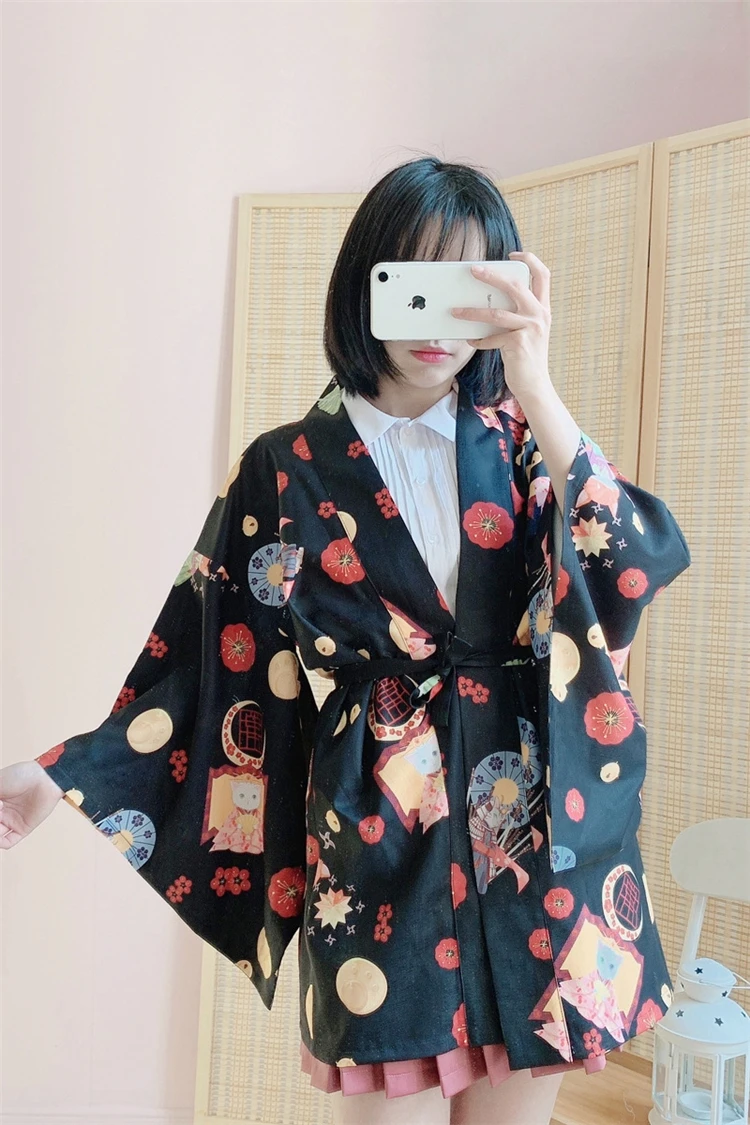 Японское традиционное кимоно кардиган Kawaii Женская мультяшная напечатанная Haori Harajuku Yukata Солнцезащитная пляжная одежда пальто рубашка