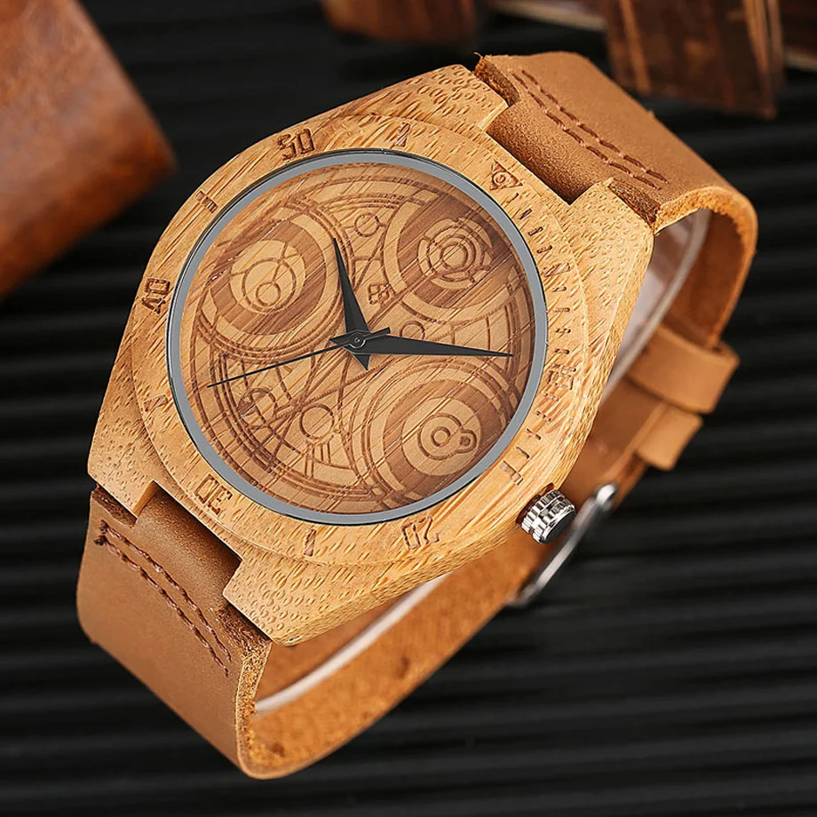 Natural Wood Watch DR.WHO Pattern Quartz Wood Watches Mens Brown Genuine Leather Handmade Bamboo Wooden Gift Clock  (8)