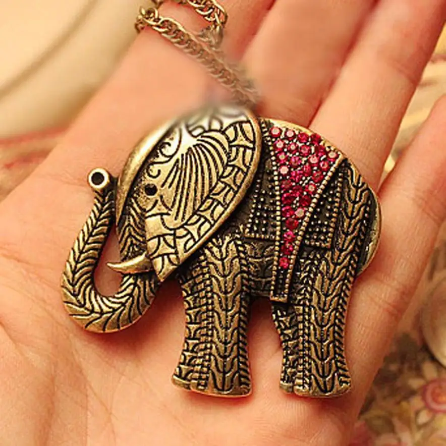 women colar kolye necklace Alloy Elephant Crystal Vintage Retro Long
