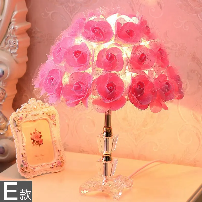 Современная романтическая роза, свадебная настольная лампа для спальни, тканевые цветы, креативный хромированный Настольный светильник для кабинета, настольная лампа с розовым/Красным Кристаллом - Цвет корпуса: E