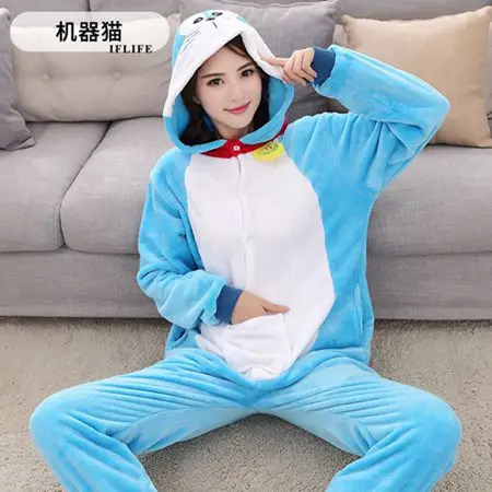 Doraemon Kigurumi Onesie для взрослых женщин пижамы с животными костюм фланелевая теплая мягкая Пижама цельная зимняя теплая Пижама для косплея - Цвет: Небесно-голубой