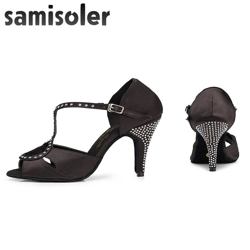 Samisoler Black/B New Cloth Collocation Shine Ribbons Ballroom Fashion Rhinestone Dance Women Latin Dance Competition Shoes