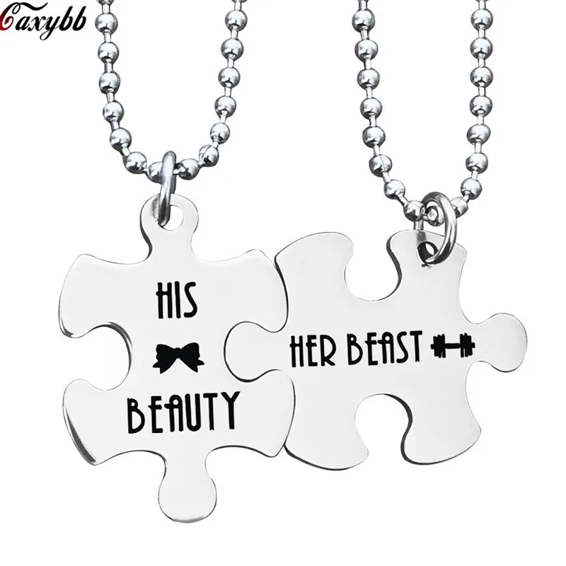

2PCS Stainless Steel Puzzle Pendent Chain Necklace His Beauty Her Beast Necklaces Women Couples Lovers Gifts Valentines Jewelry