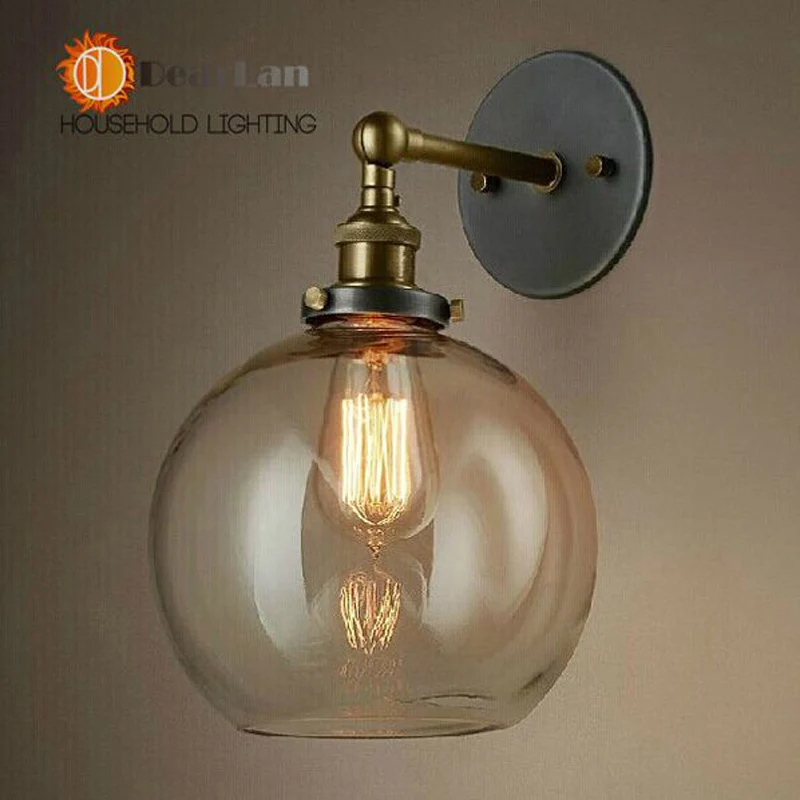 Современный винтажный короткий винтажный Настенный светильник американский стиль стеклянная прикроватная Ретро железная настенная лампа Янтарная прикроватная E27 настенная лампа(BK-50