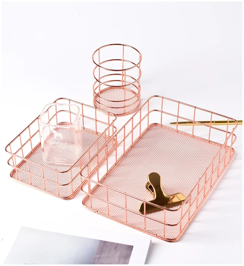 Скандинавская корзина для хранения из розового золота и металлической проволоки для офисного рабочего стола, держатель для кистей для макияжа, настольный органайзер для косметики, железная корзина