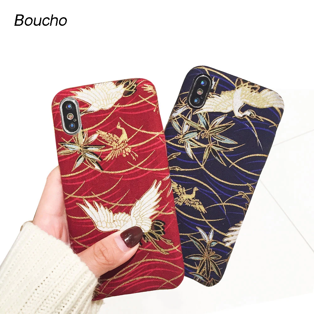 

Boucho Retro Cartoon Crane Pattern Phone Cases For iphone X Case Cloth Velvet Back Cover For iphone 7 6 6S 8 Plus Case Coque