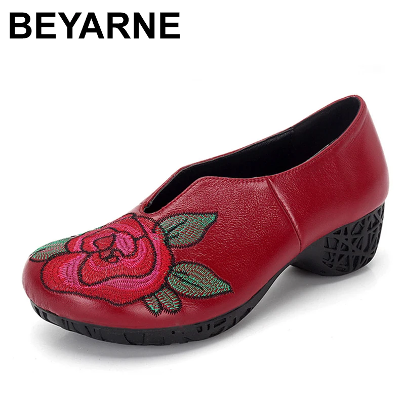 BEYARNE Women Shoes Genuine Leather Shoes Round Toe Flower Soft Fashion Shoes